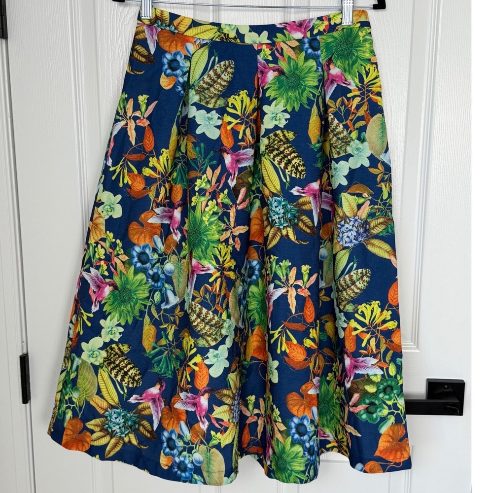 Aquamar Rio de Janeiro Tropical Hummingbird Floral Pleated Midi Skirt Blue L NWT